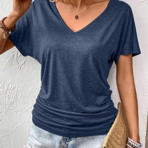 SHEIN Frenchy Ladies Simple Solid Color Pleated Daily/Holiday T-Shirt V Neck Topsv Neck T Shirtdark Blue Top Summer Casual