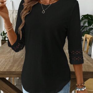 EMERY ROSE Women Solid Color Casual Crew Neck Hollow Out Sleeve Tee Graphic Tees Women Tops
