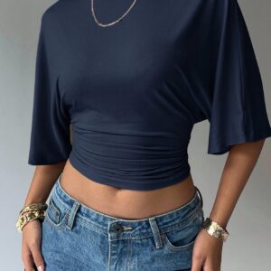 Aloruh NavyBlueOutifts Top Women's Solid Color Round Neck Batwing Short Sleeve Pleated Cropped Casual T-Shirt Fashion Clothing Street Chic