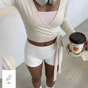 FavEase Women's Light Beige Yoga Sports Wrap Cardigan,Soft & Stretchy V-Neck Long Sleeve Cropped Fitted Tee,Summer Casual Workout Fashionable Minimalist Top