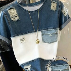 Resyla Women's Round Neck Distressed Patchwork Color Casual Versatile Daily Wear Short Sleeve T-Shirt
