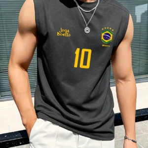 Men's Sports Tank Top, Retro Brazil Football Jersey - Legendary Number 10, Casual Football Fan Outfit, Football Shirt, Regular Fit Sleeveless Fitness Wear, Soft And Comfortable Fabric